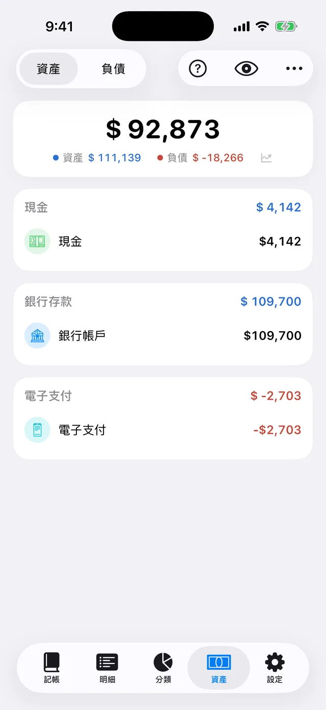 資產頁:淨資產、資產與負債