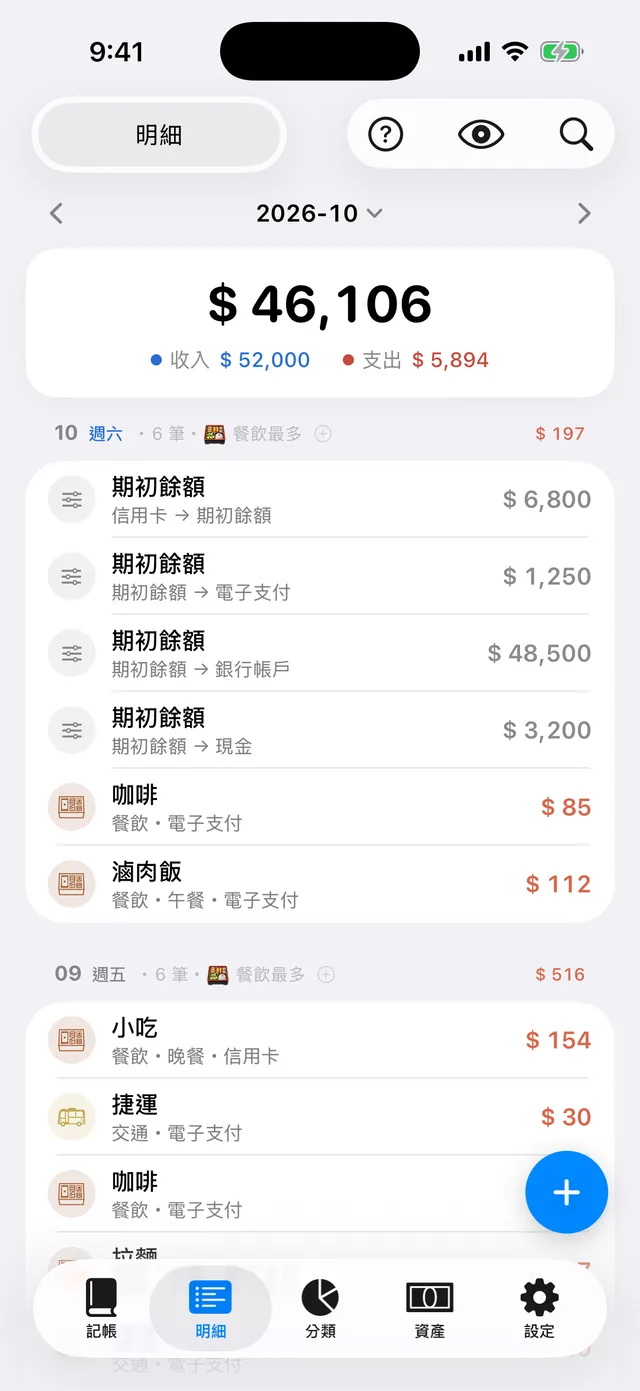 明細頁:依日期分組的收支明細